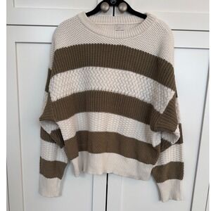 A New Day Crew‎ Neck Olive and Cream Striped Sweater Size Large